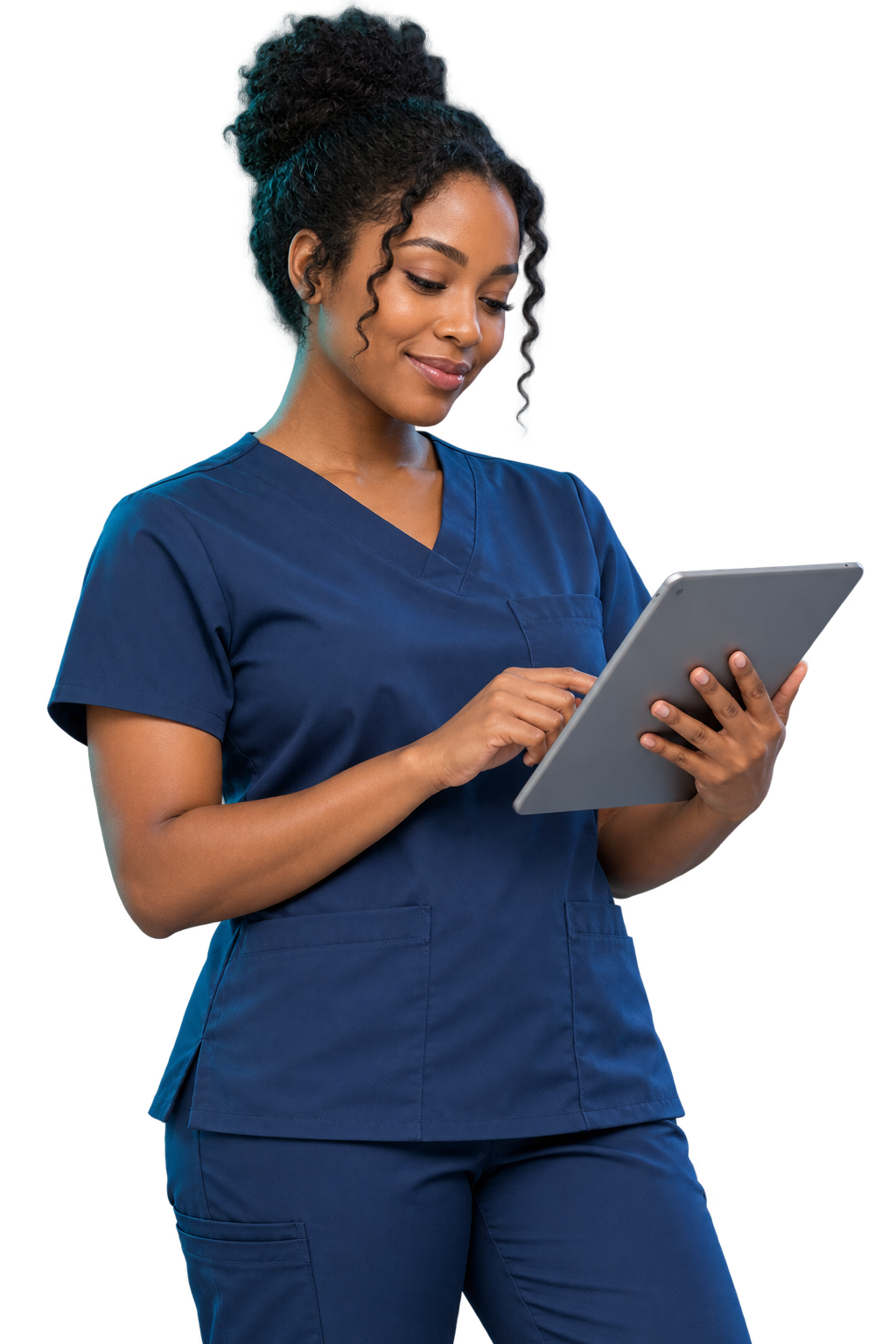 Nurse reviewing coursework on a tablet