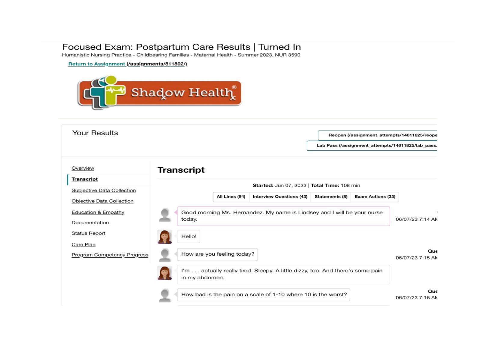 Gloria Hernandez Postpartum Care & SBAR Shadow Health product preview