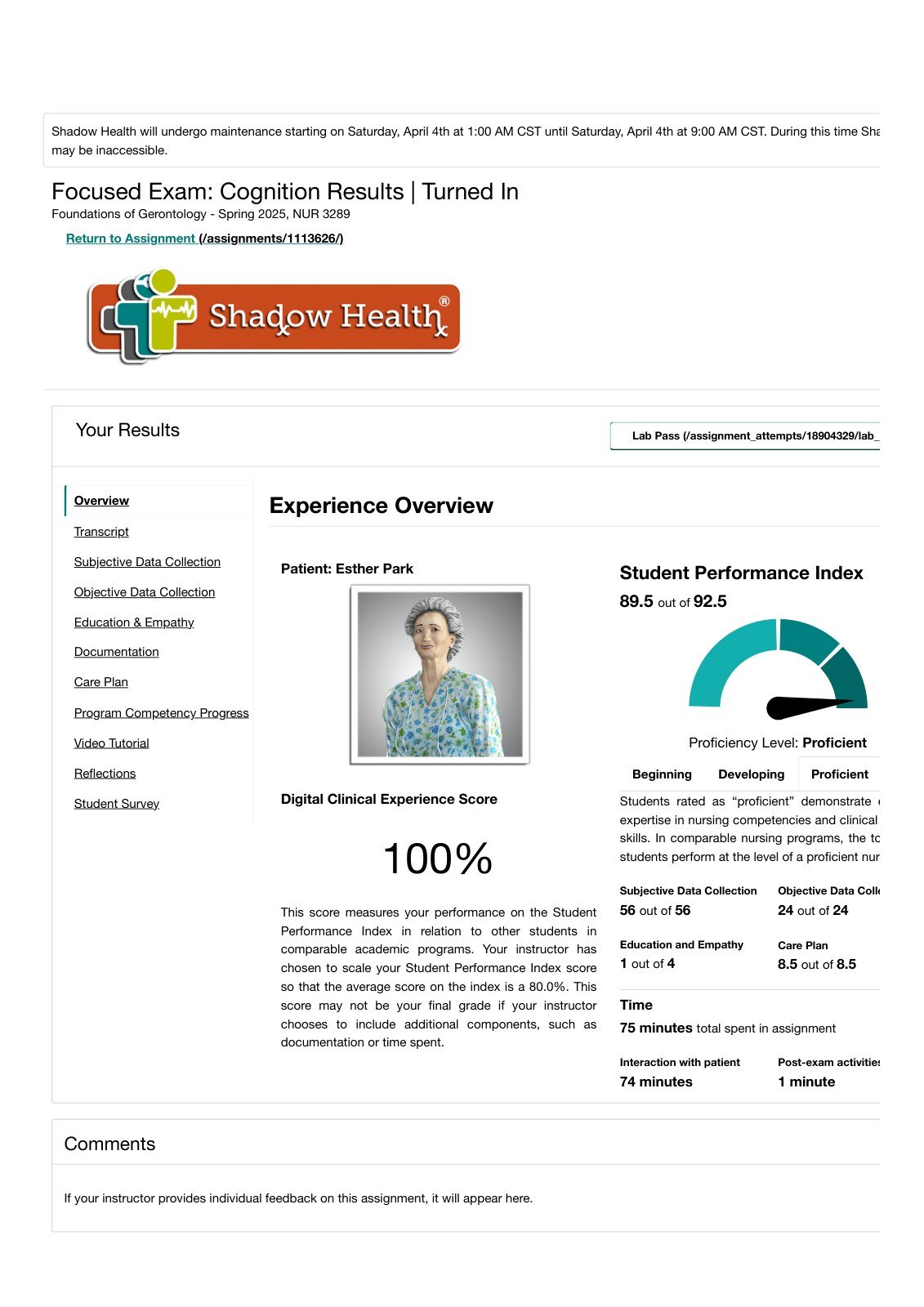 Esther Park Cognition Assessment Shadow Health product preview