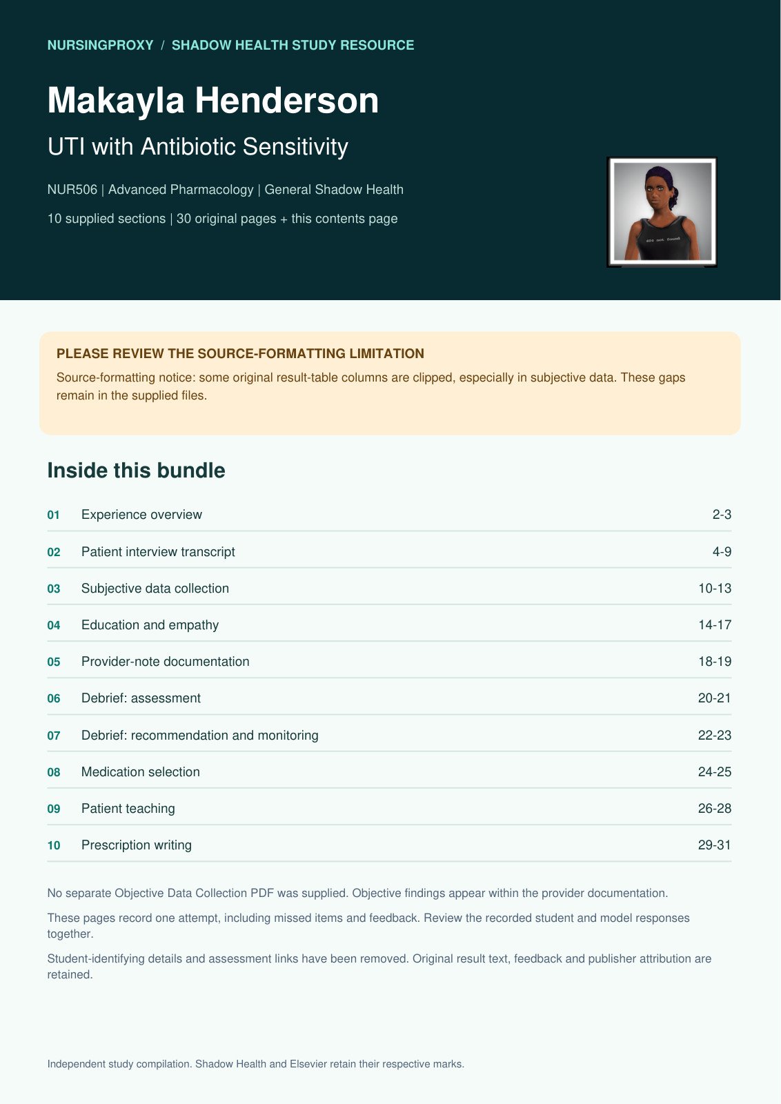 Actual bundle contents page with ten sections and export details