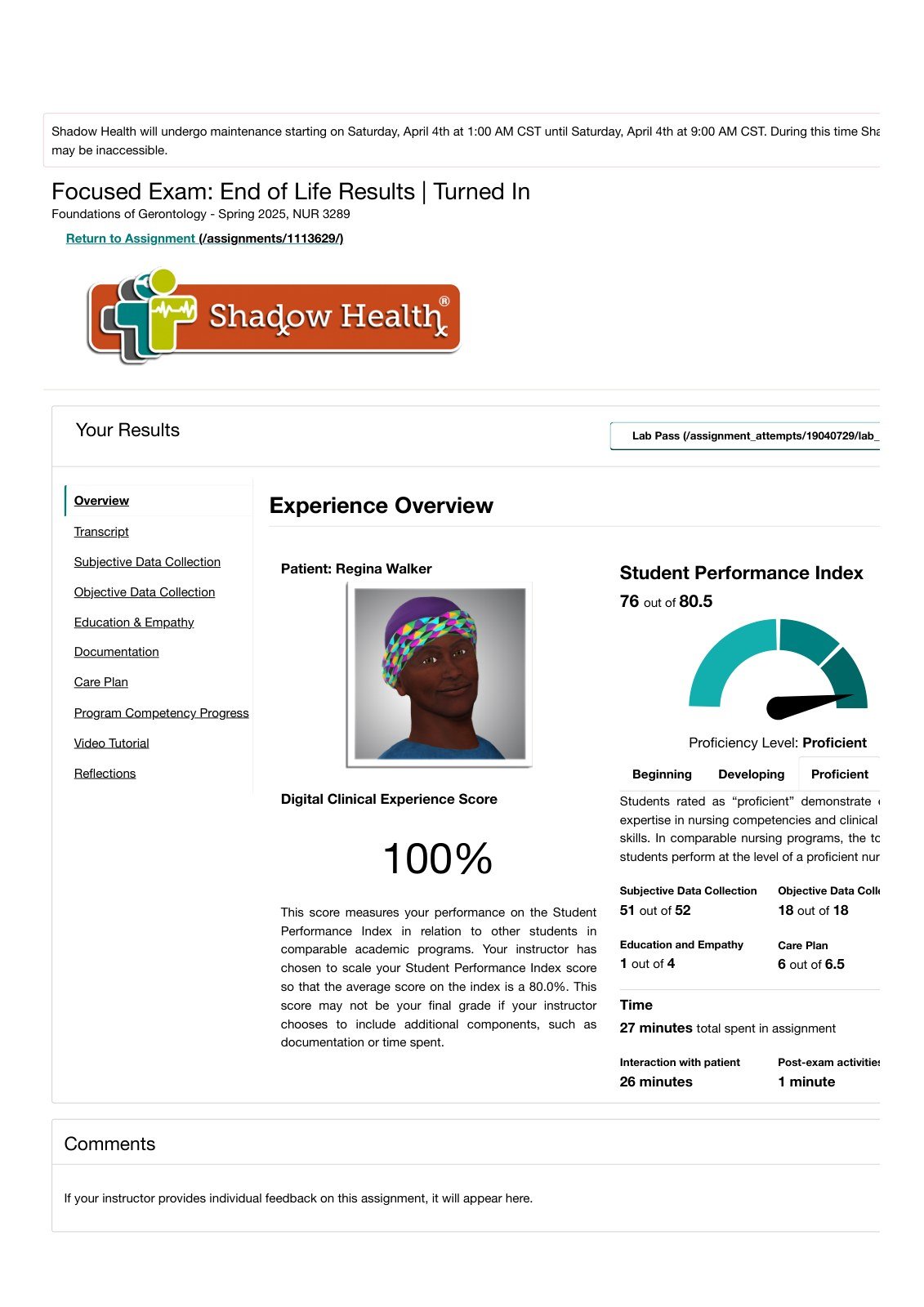 Regina Walker End of Life Assessment Shadow Health product preview