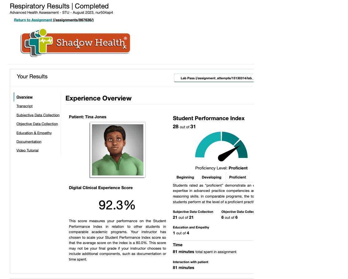 Tina Jones respiratory Shadow Health study resource